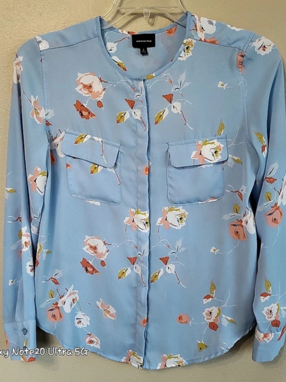 Who What Wear Blue Peach Floral Utility Button Blouse Pocket Shirt S Like New